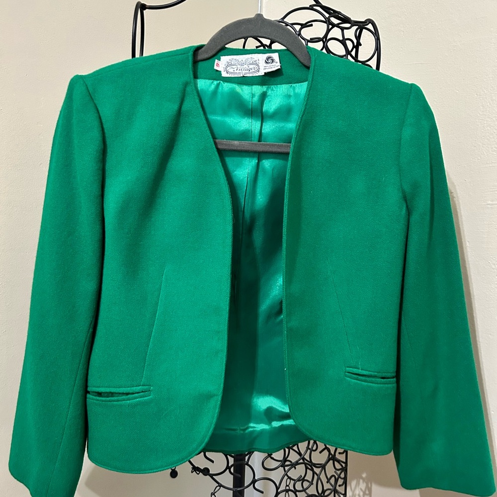 VTG The Villager Woman’s Wool Open Front Blazer Jacket 6 Vibrant Spring Green